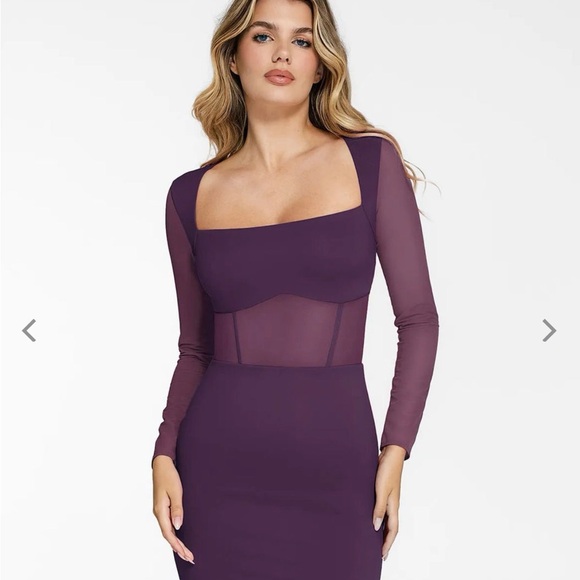 Shapewear Long Sleeve Mesh Inset Bodycon Midi Dress - Picture 2 of 4